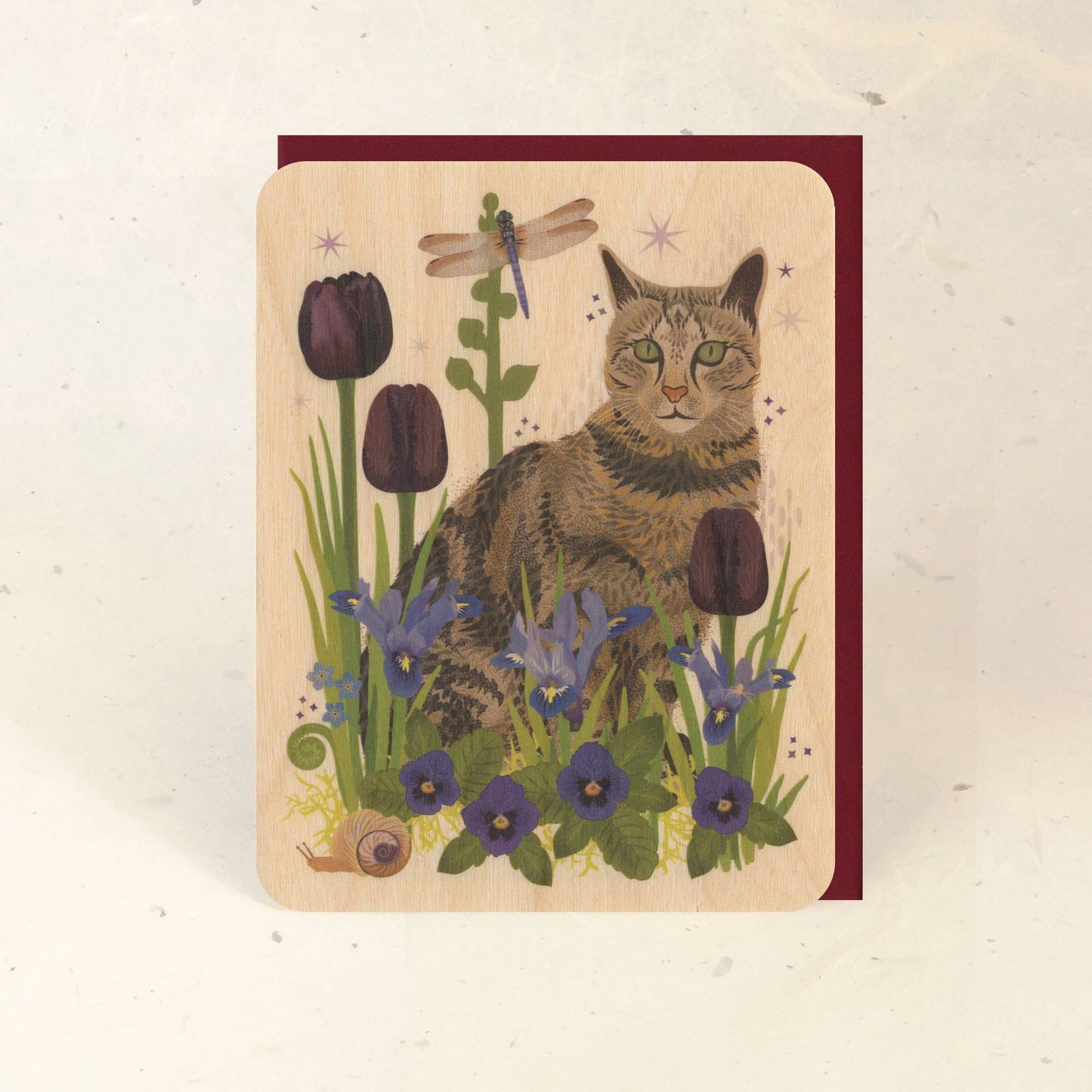 Tabby Cat and Dragonfly Wood Greeting Card