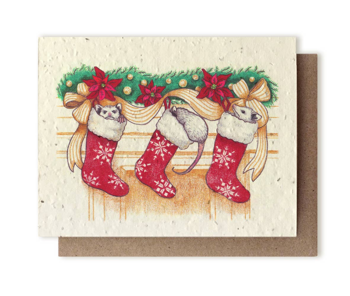wildflower seed christmas cards Opossum Stockings Plantable Wildflower Seed Card – Esoterica