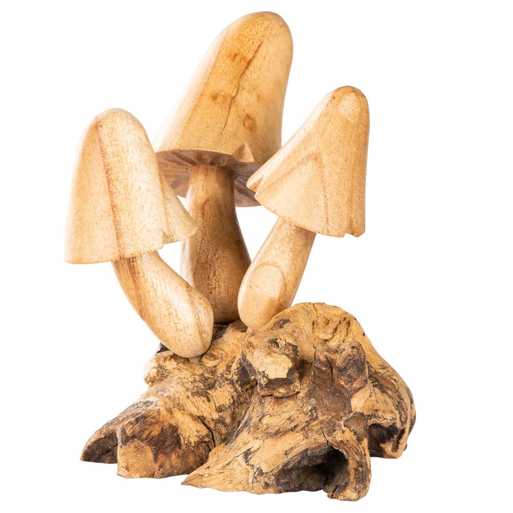 Wooden Mushrooms: three-mushie statue