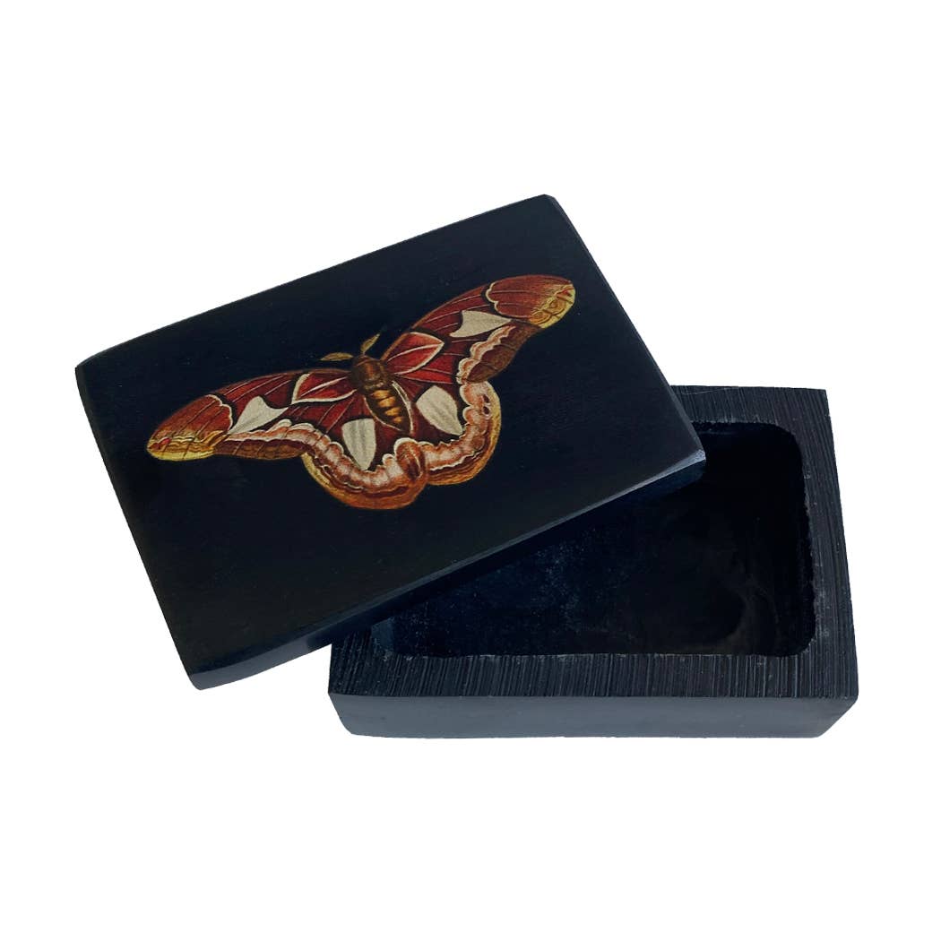 3" Atlas Moth Black Soapstone Trinket Box