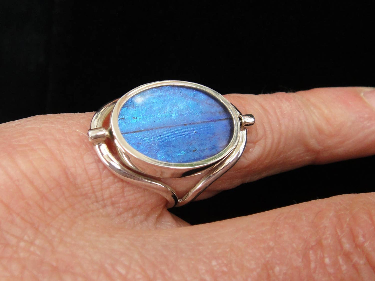 Real Butterfly Reversible Blue Morpho/Sunset Oval Ring (adjustable)