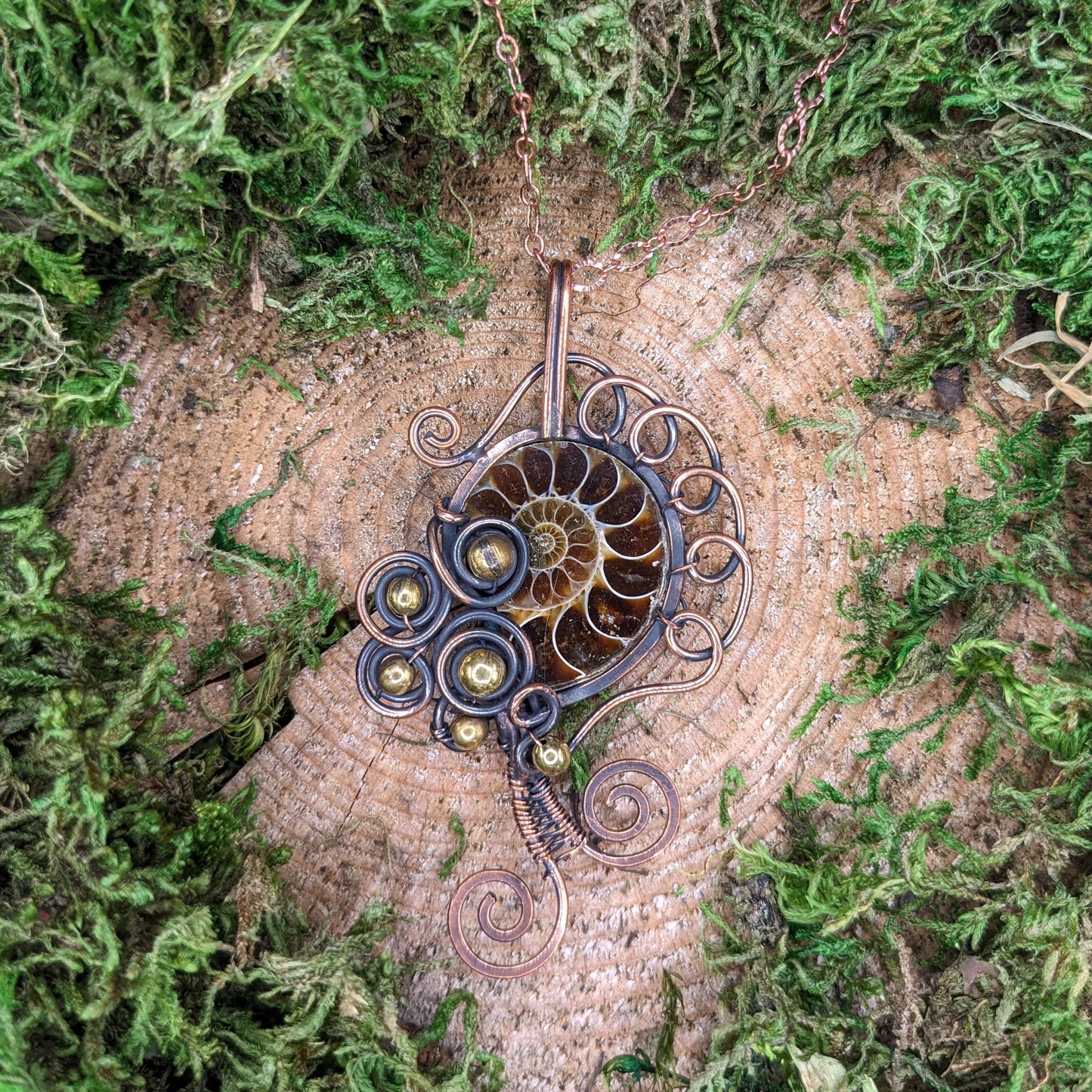 Wire-wrapped Ammonite Pendant w/ Beads
