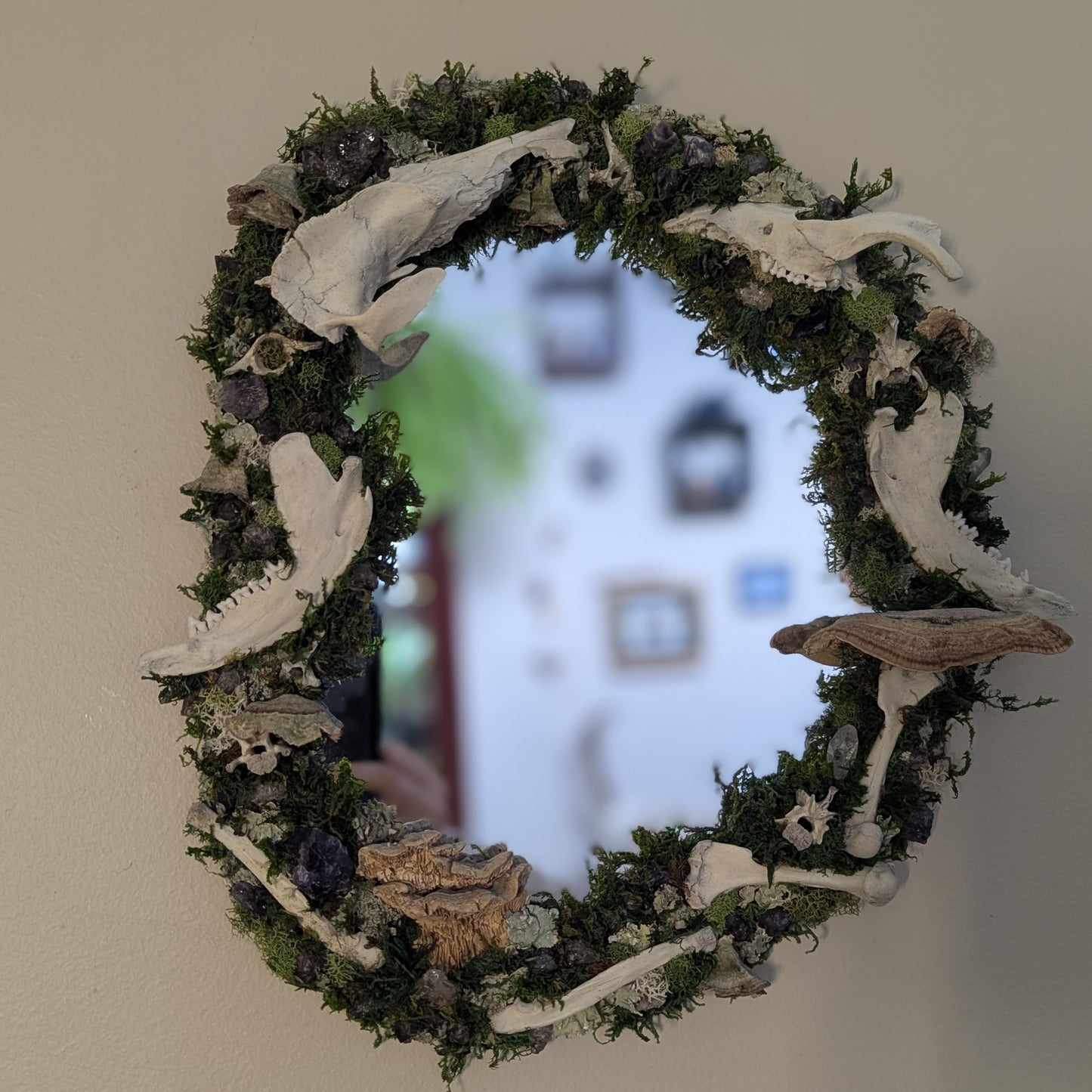 Red Fox Mirror: real bone, amethyst, and fungi mirror
