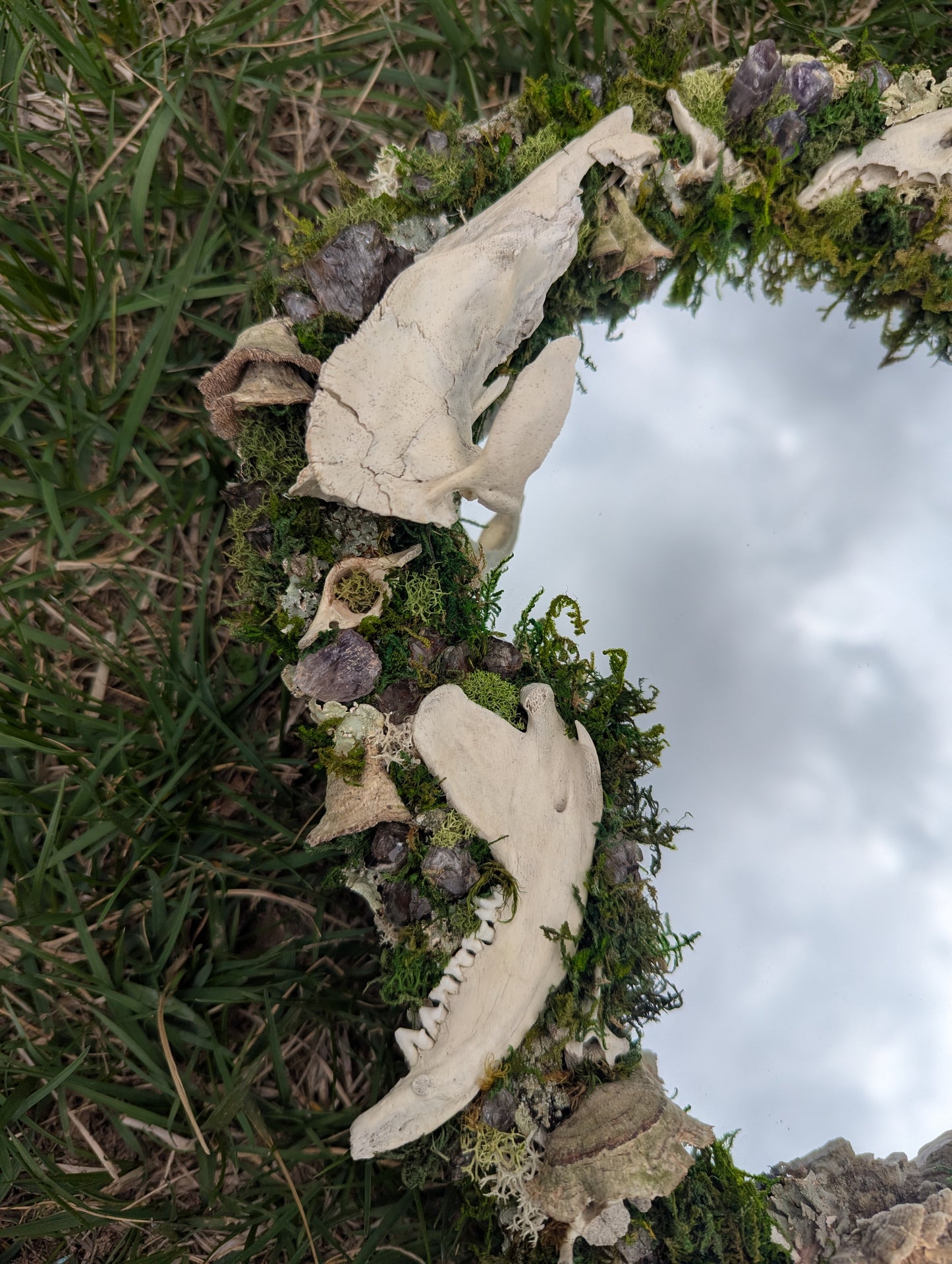 Red Fox Mirror: real bone, amethyst, and fungi mirror