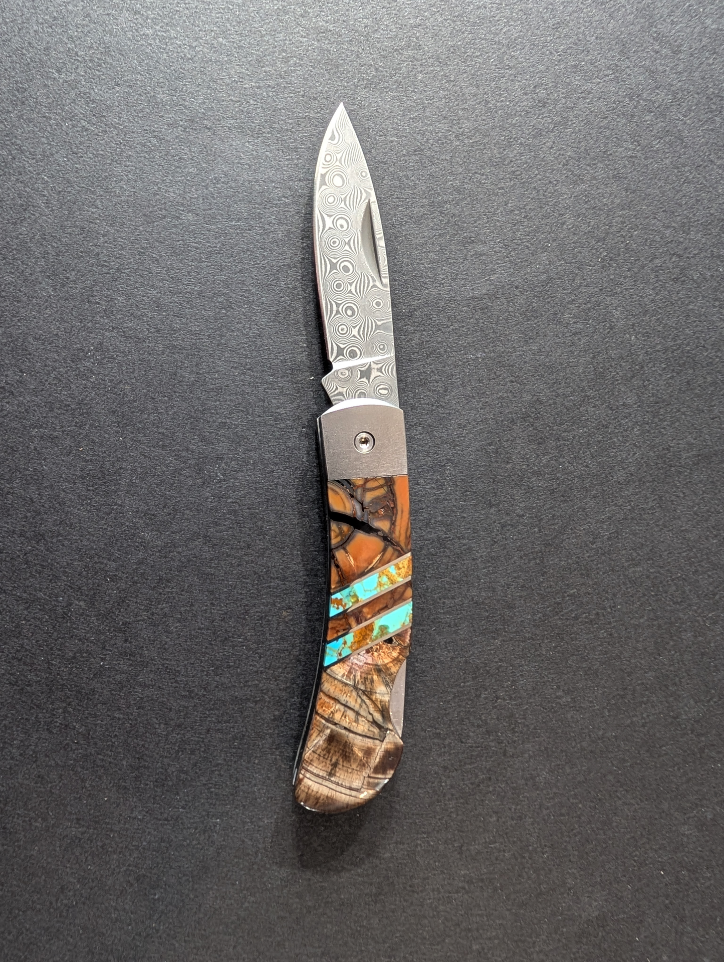 Pocket Knife, Mammoth Tusk, Turquoise Inlay & Damascus Steel, 3"