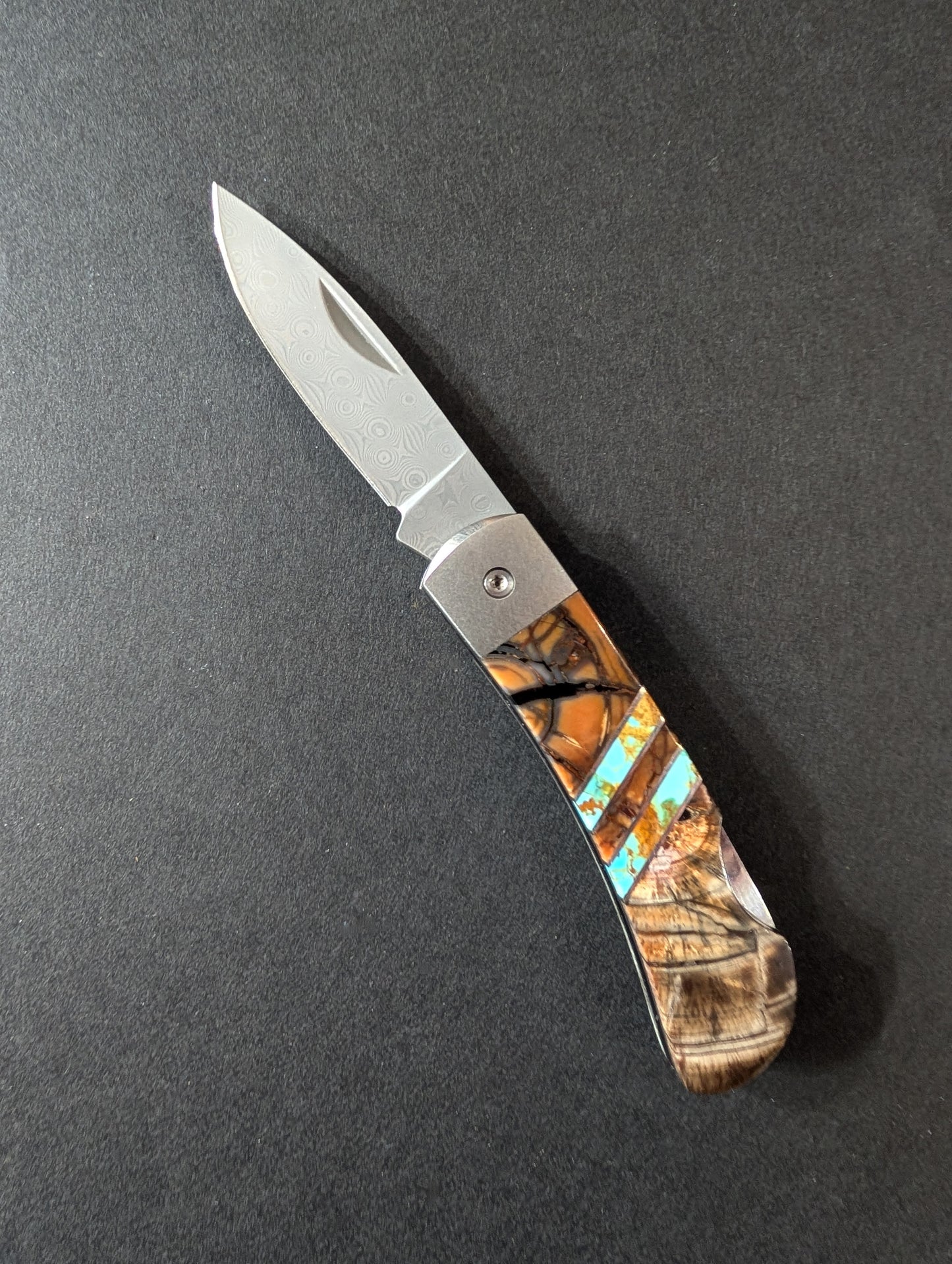 Pocket Knife, Mammoth Tusk, Turquoise Inlay & Damascus Steel, 3"