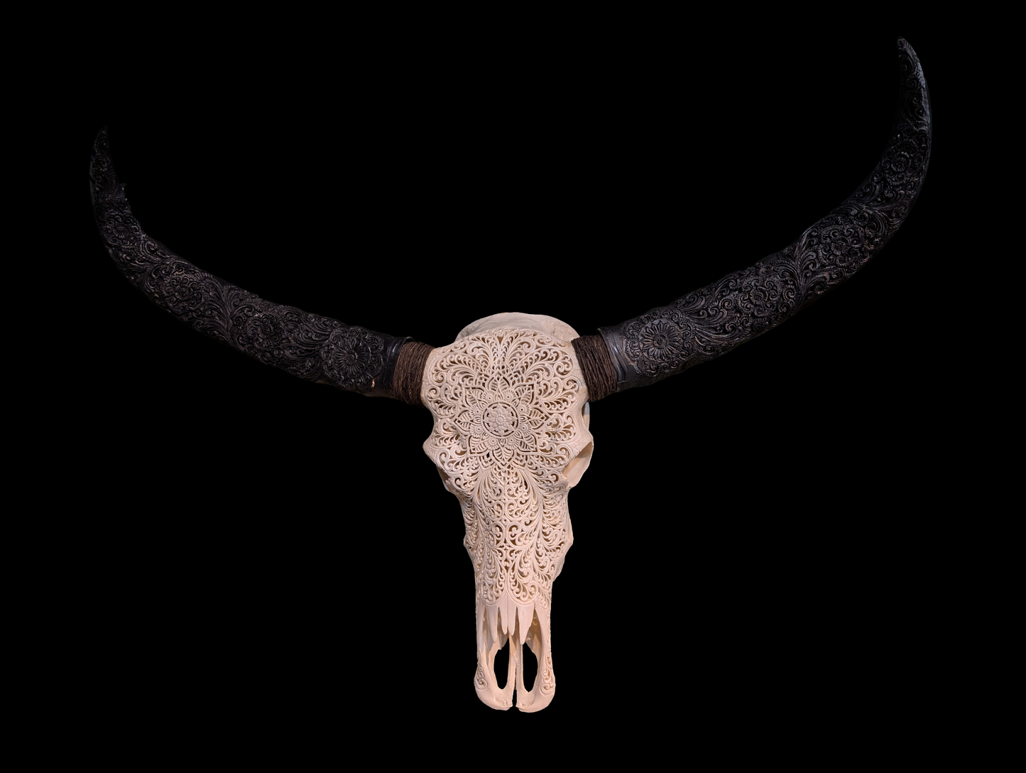 White Hand-Carved Buffalo Skull With Carved Horns