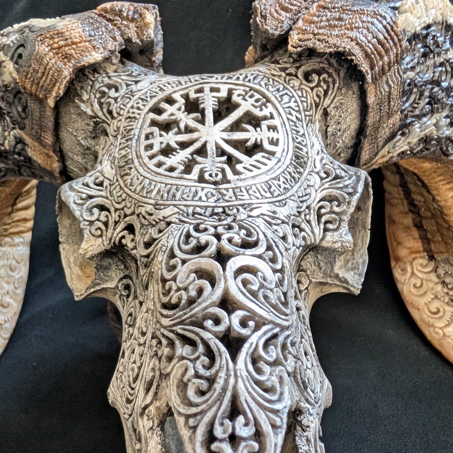 Hand-Carved Ram Skull w/ Viking Wayfinder Symbol