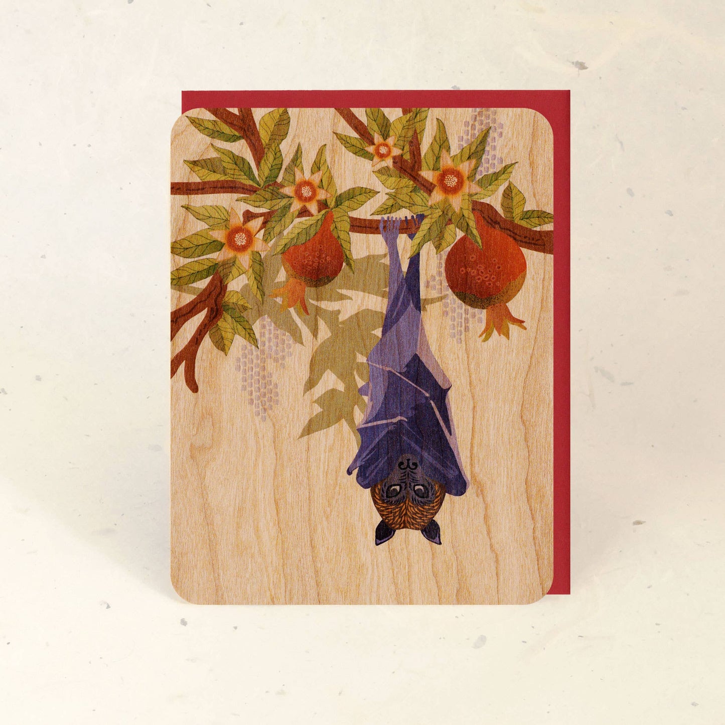 Fruit Bat and Pomegranate Wood Greeting Card