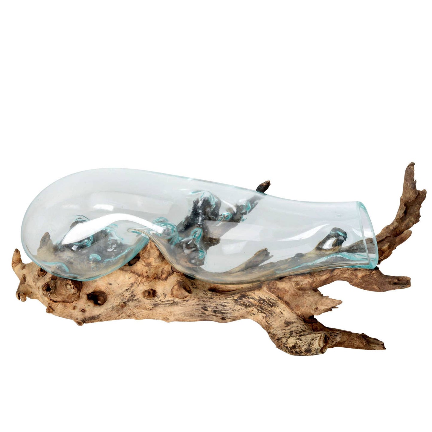 Large Molten Glass Bottle In Natural Wood