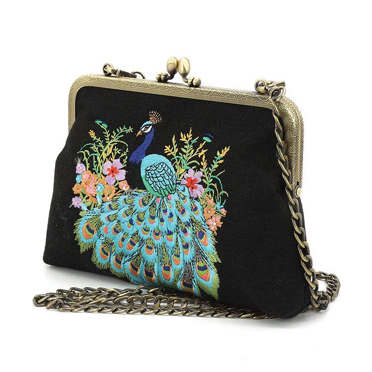 Peacock Kisslock Bag in Linen-Cotton Belnd
