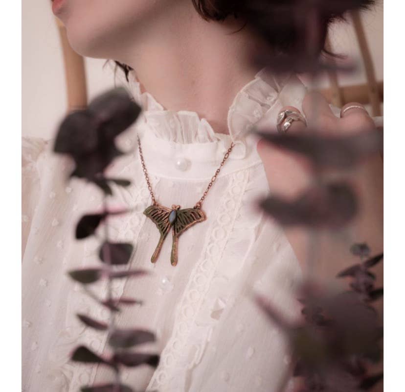 Rainbow Moonstone Luna Moth Necklace
