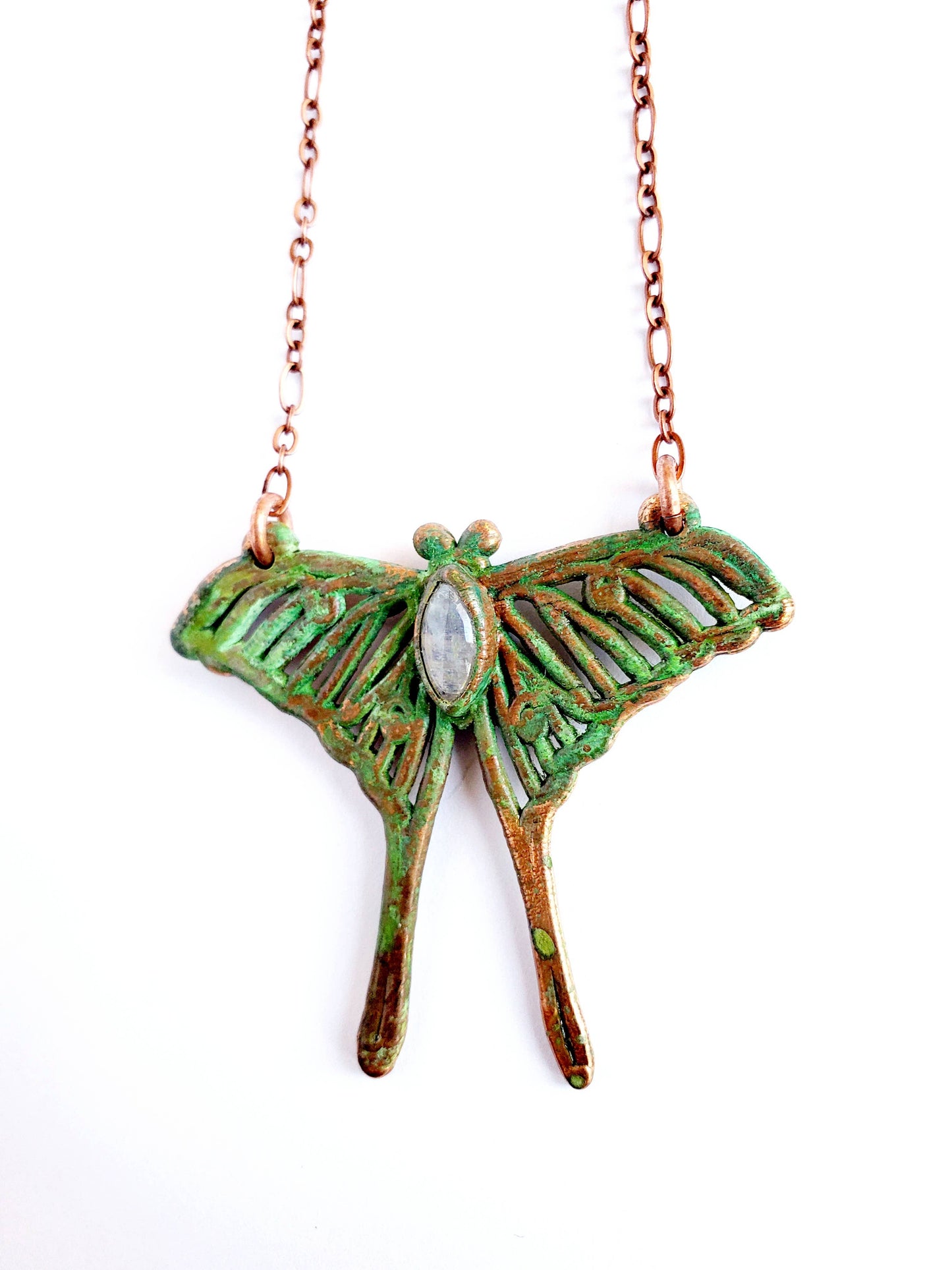 Rainbow Moonstone Luna Moth Necklace