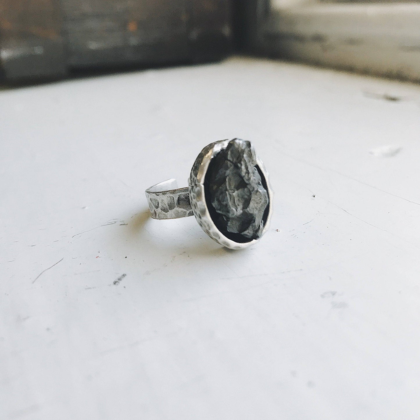 Oval Silver Ring with Authentic Meteorite
