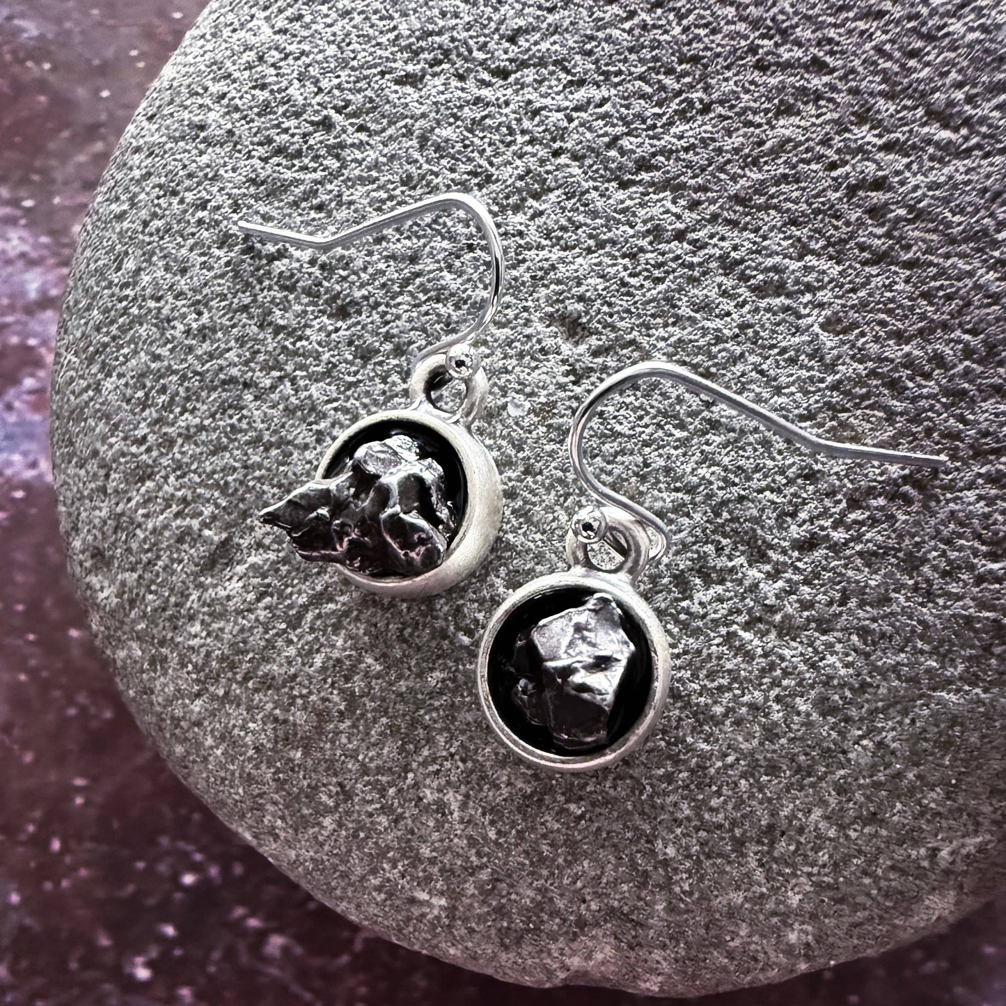 Small Round Raw Meteorite Dangle Earrings