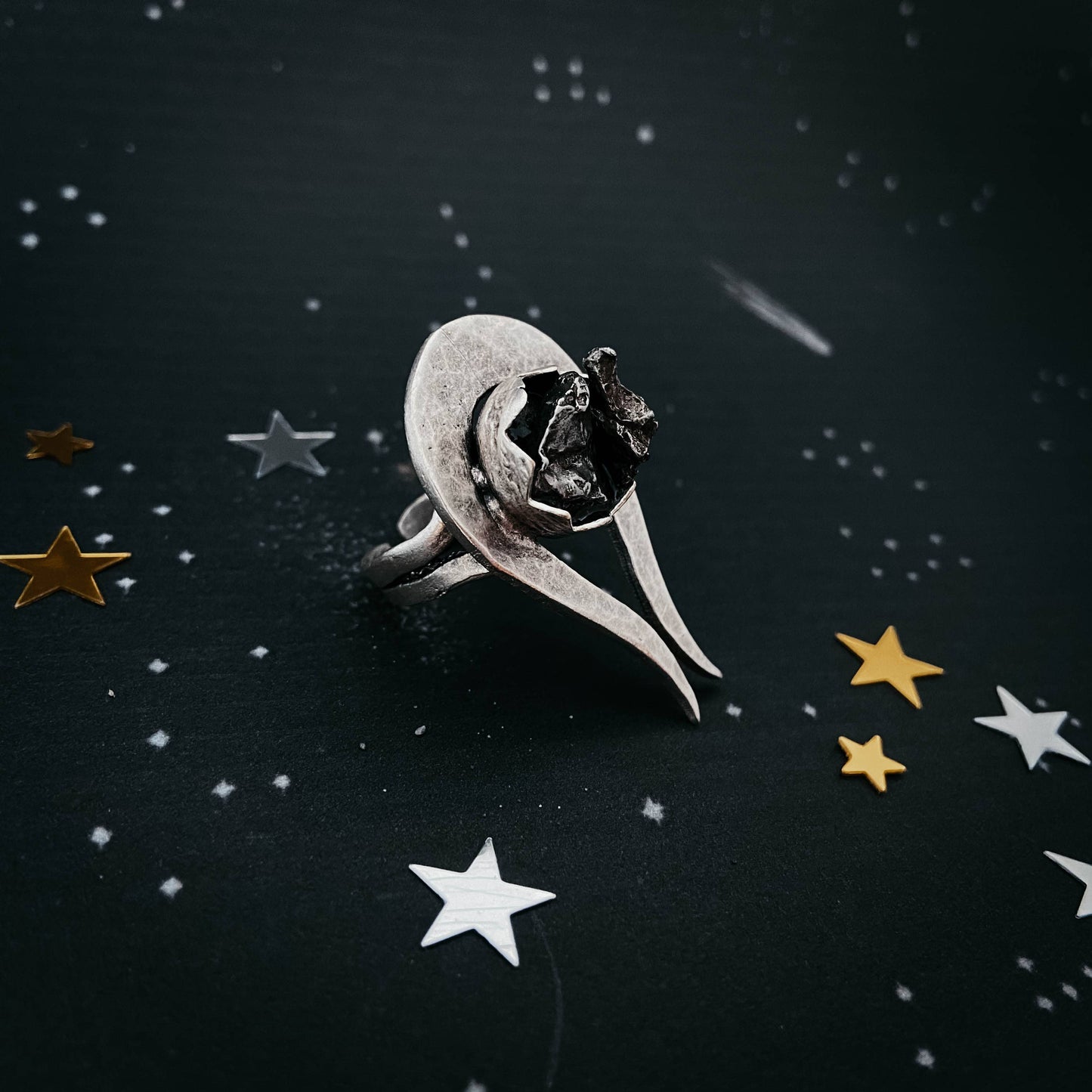 Comet Ring with Raw Authentic Meteorite