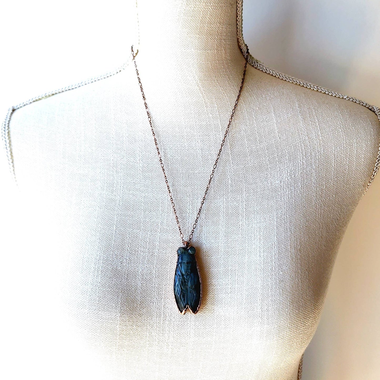 Carved Labradorite Dark Lyric Cicada Pendant