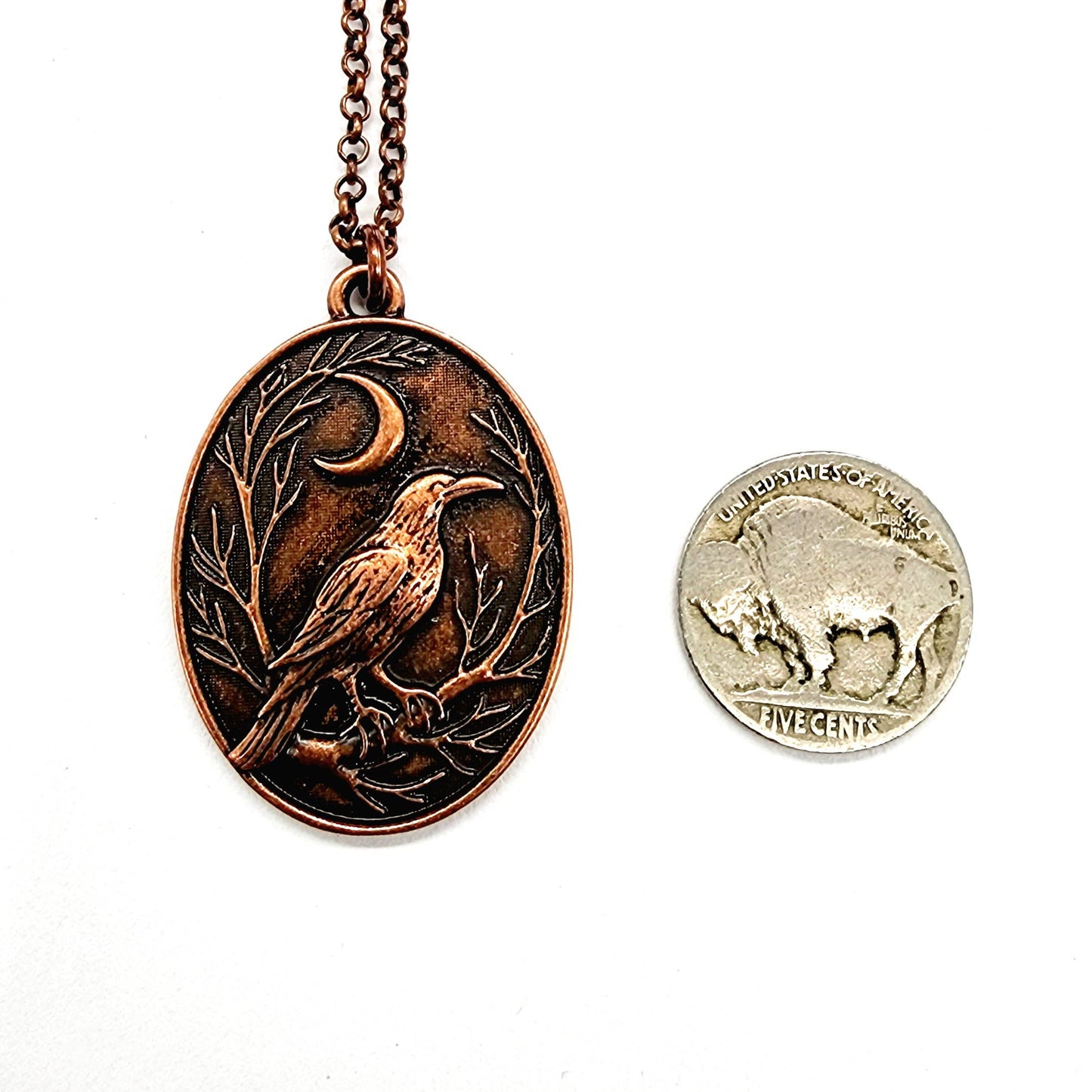 Raven and Crescent Moon Copper Pendant Necklace