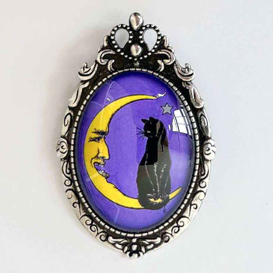 Black Crescent Moon Cat Brooch
