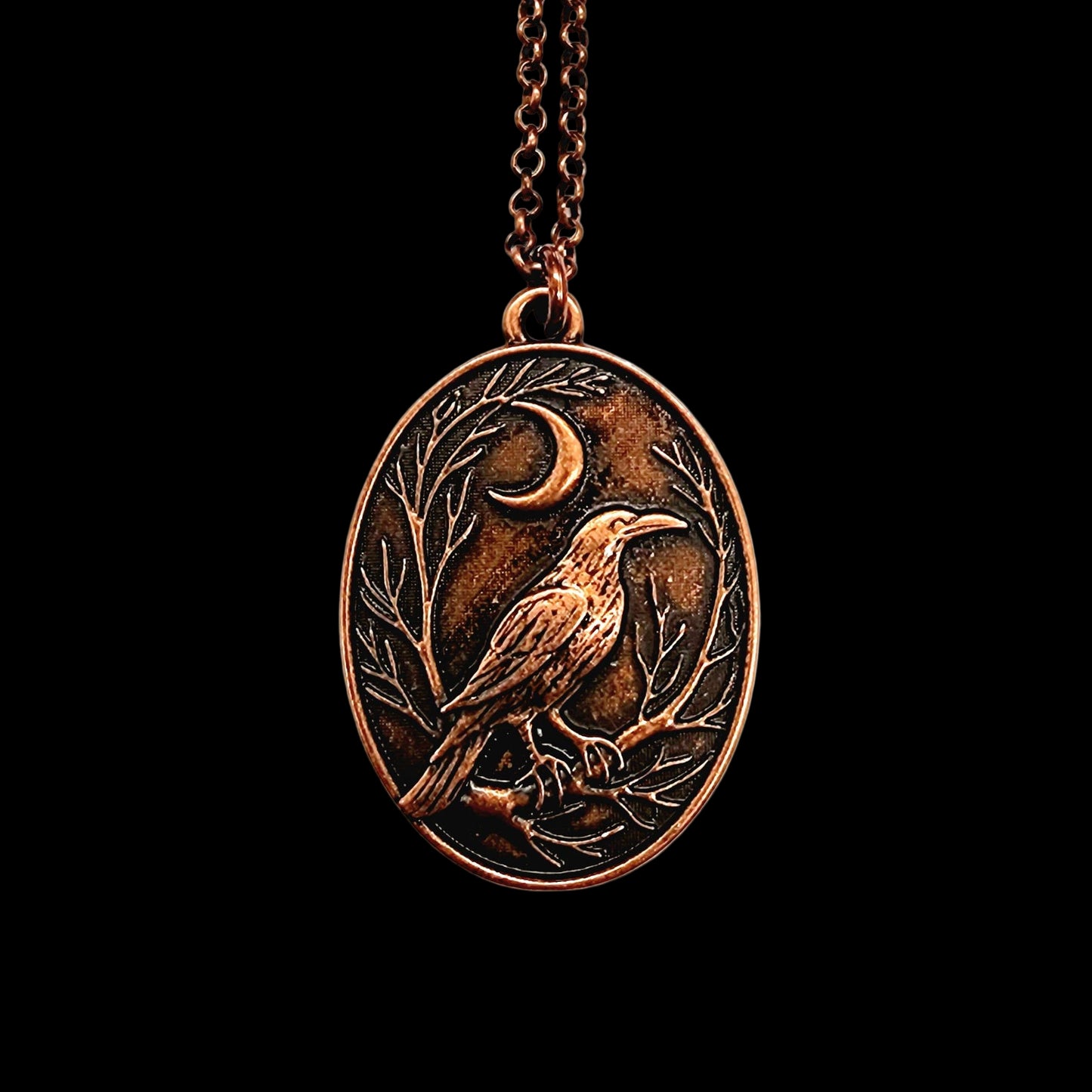 Raven and Crescent Moon Copper Pendant Necklace