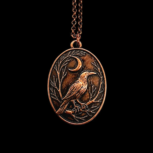 Raven and Crescent Moon Copper Pendant Necklace