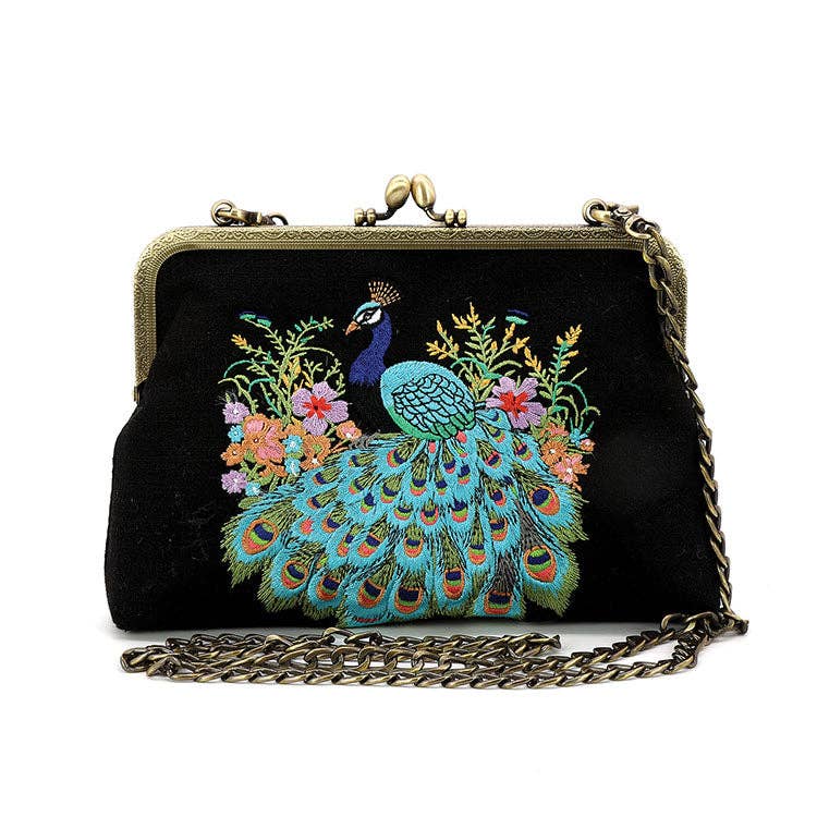 Peacock Kisslock Bag in Linen-Cotton Belnd