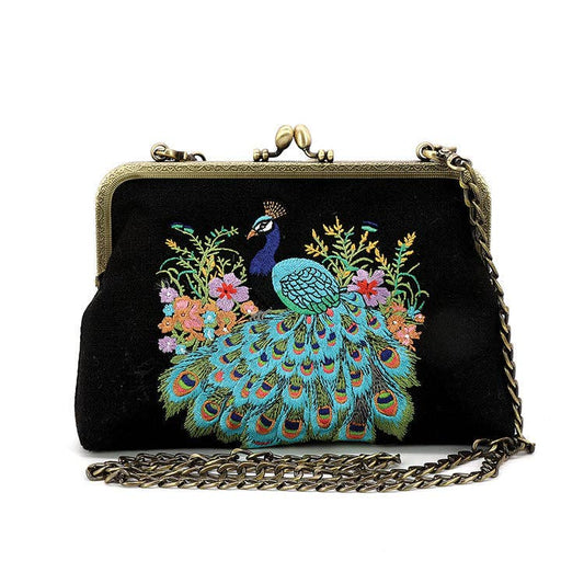Peacock Kisslock Bag in Linen-Cotton Belnd
