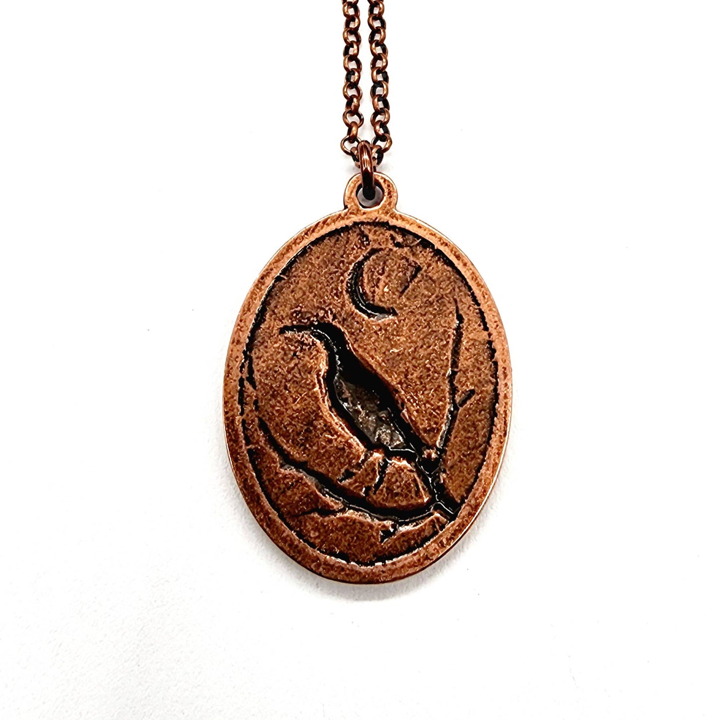 Raven and Crescent Moon Copper Pendant Necklace