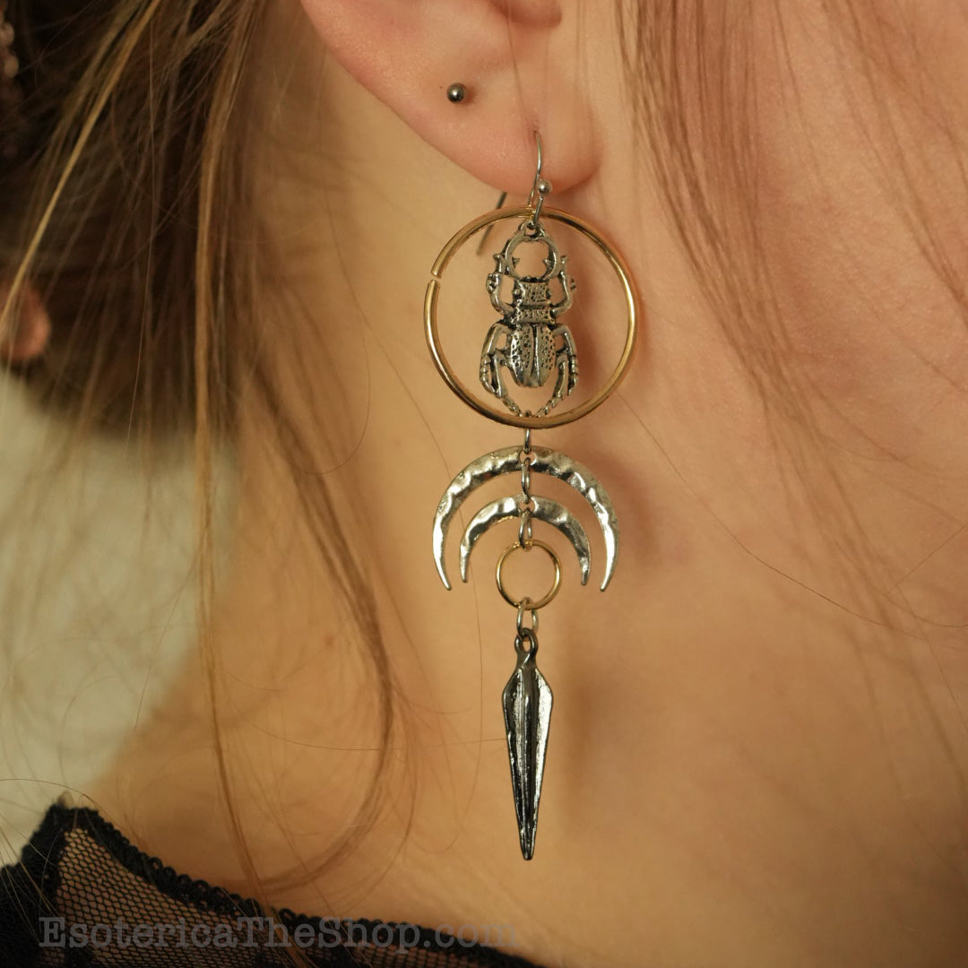 Crescent Moon and Beetle Earrings