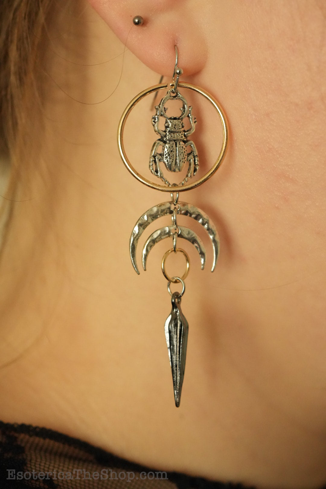 Crescent Moon and Beetle Earrings