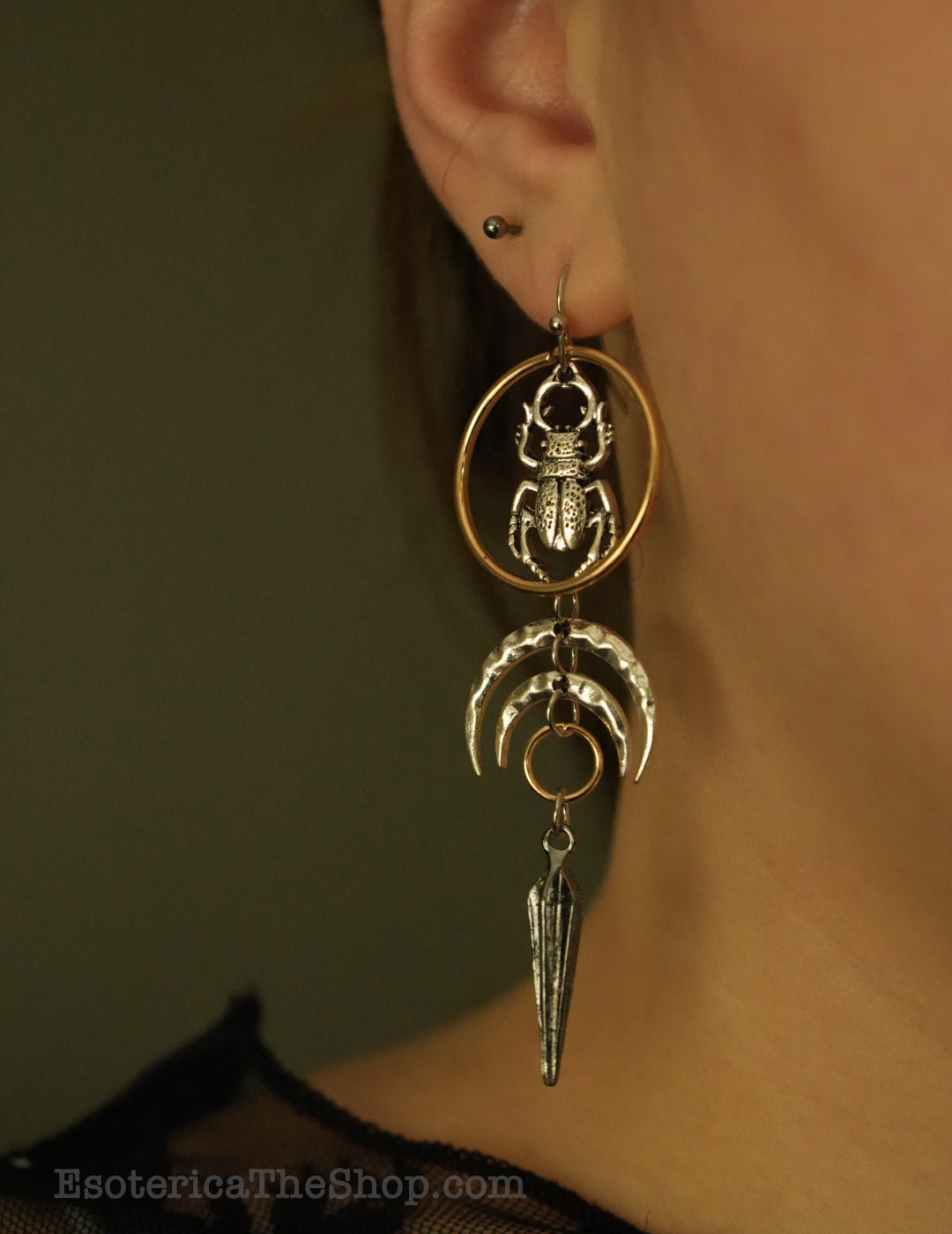 Crescent Moon and Beetle Earrings