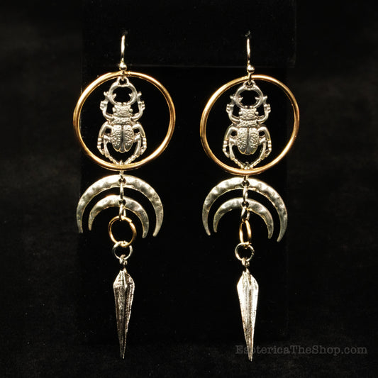 Crescent Moon and Beetle Earrings