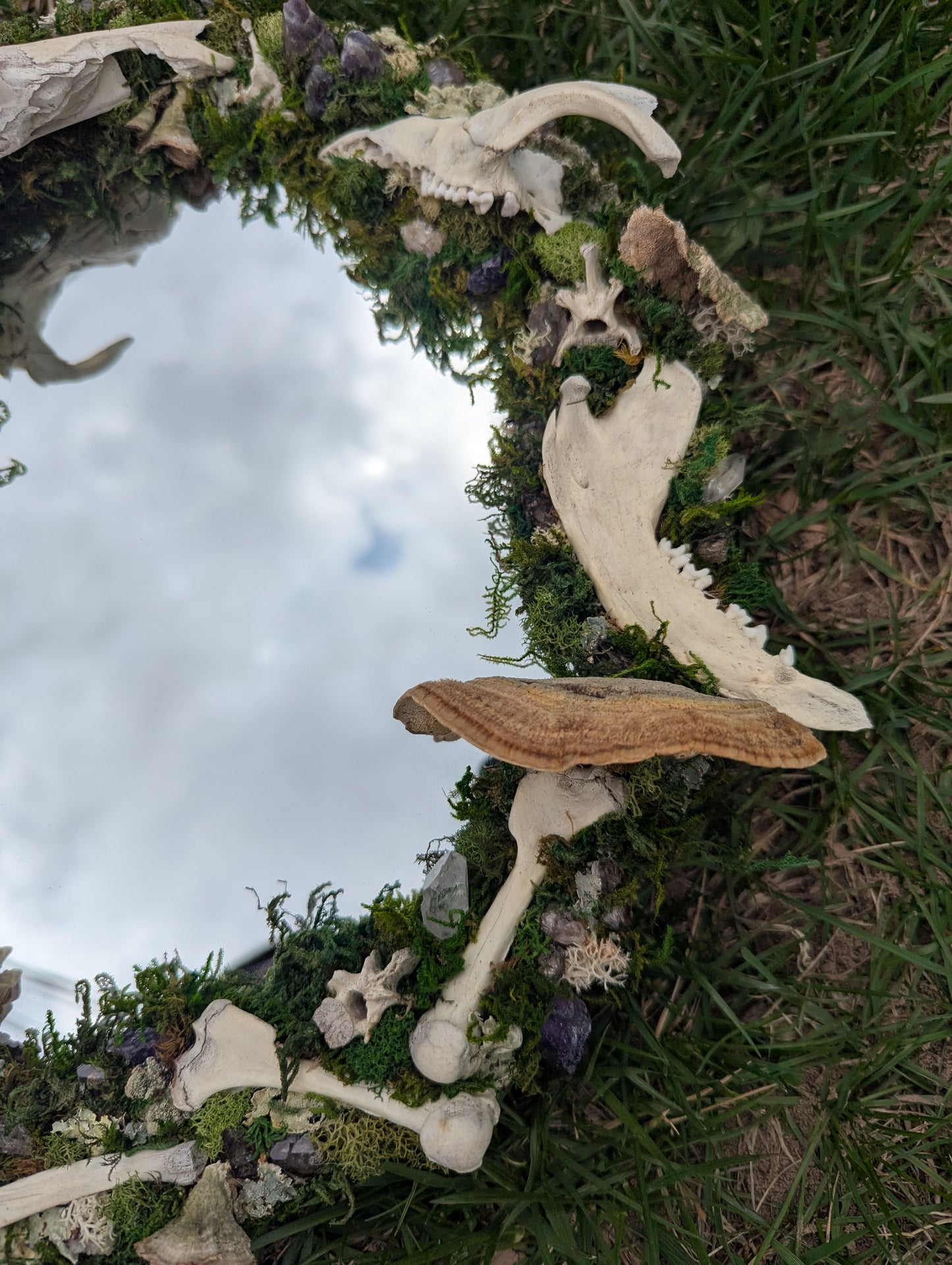 Red Fox Mirror: real bone, amethyst, and fungi mirror