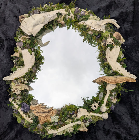 Red Fox Mirror: real bone, amethyst, and fungi mirror