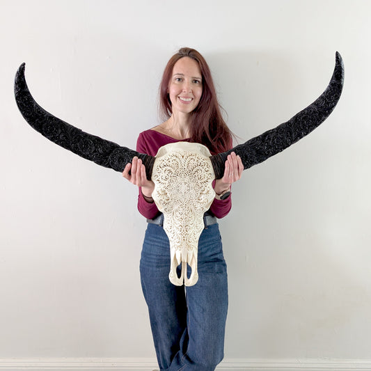 White Hand-Carved Buffalo Skull With Carved Horns
