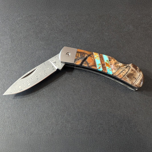 Pocket Knife, Mammoth Tusk, Turquoise Inlay & Damascus Steel, 3"