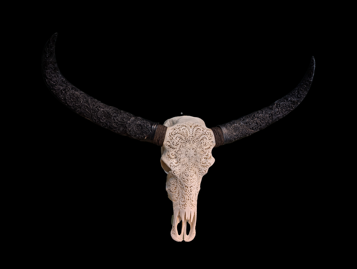 White Hand-Carved Buffalo Skull With Carved Horns