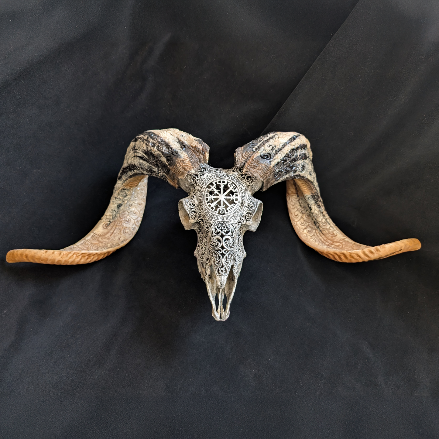 Hand-Carved Ram Skull w/ Viking Wayfinder Symbol