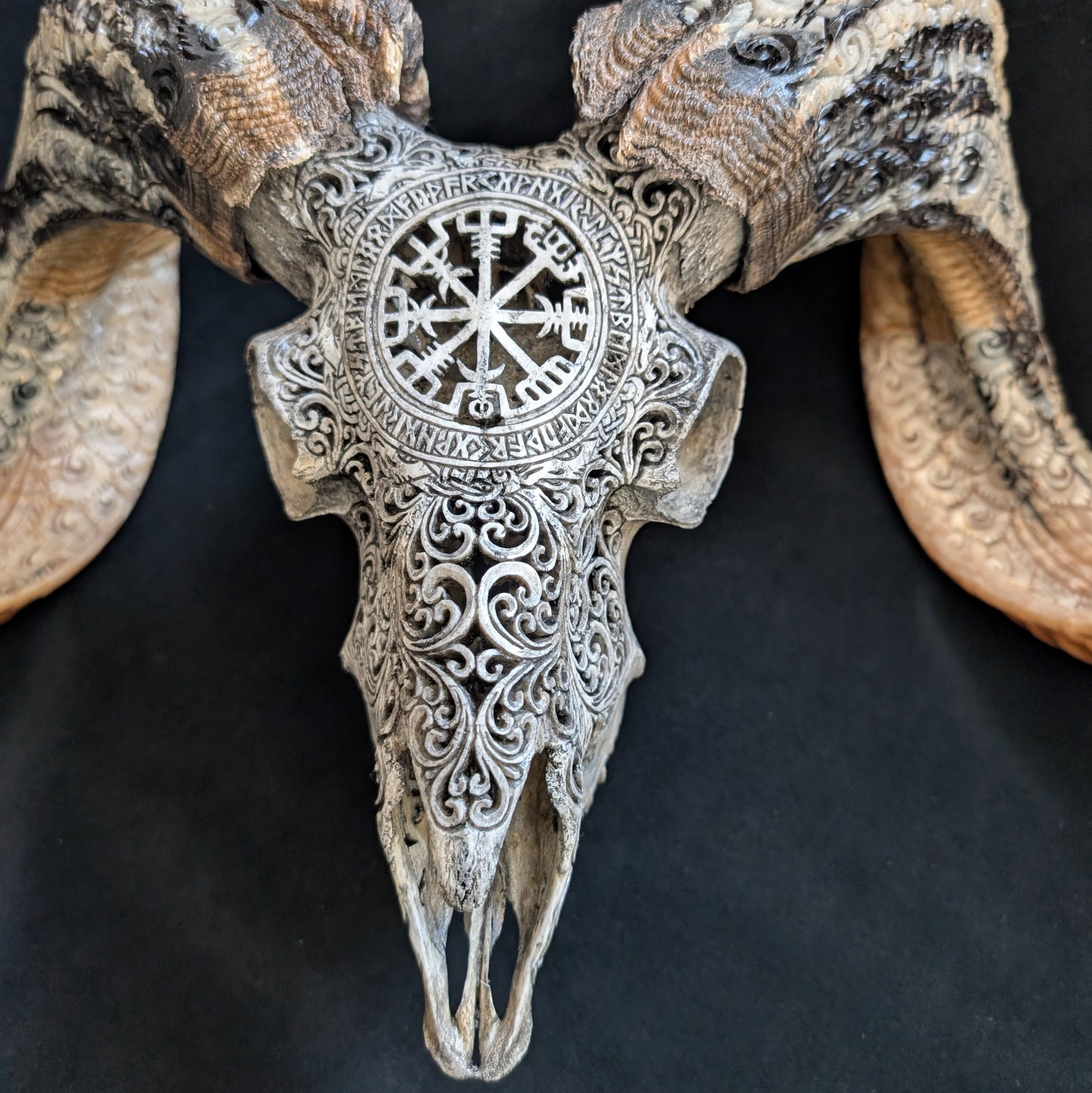 Hand-Carved Ram Skull w/ Viking Wayfinder Symbol