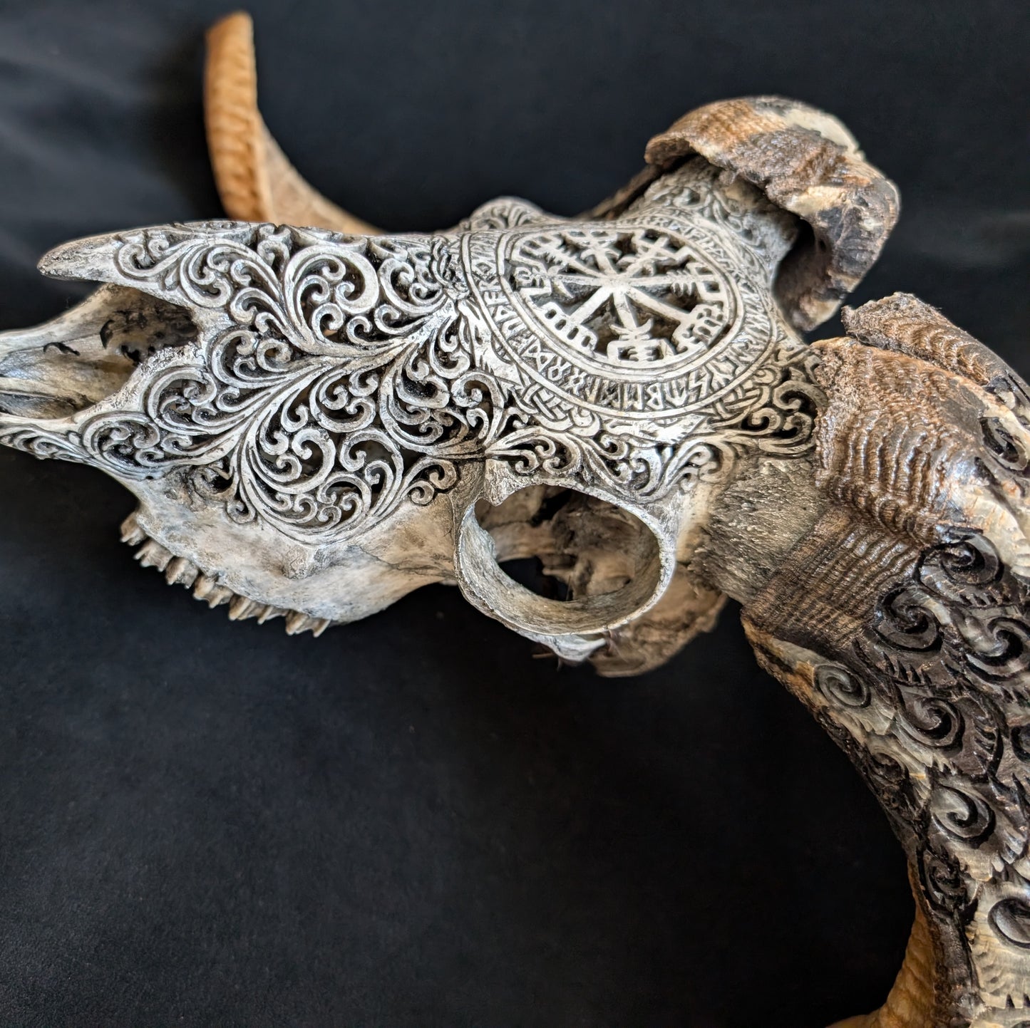 Hand-Carved Ram Skull w/ Viking Wayfinder Symbol