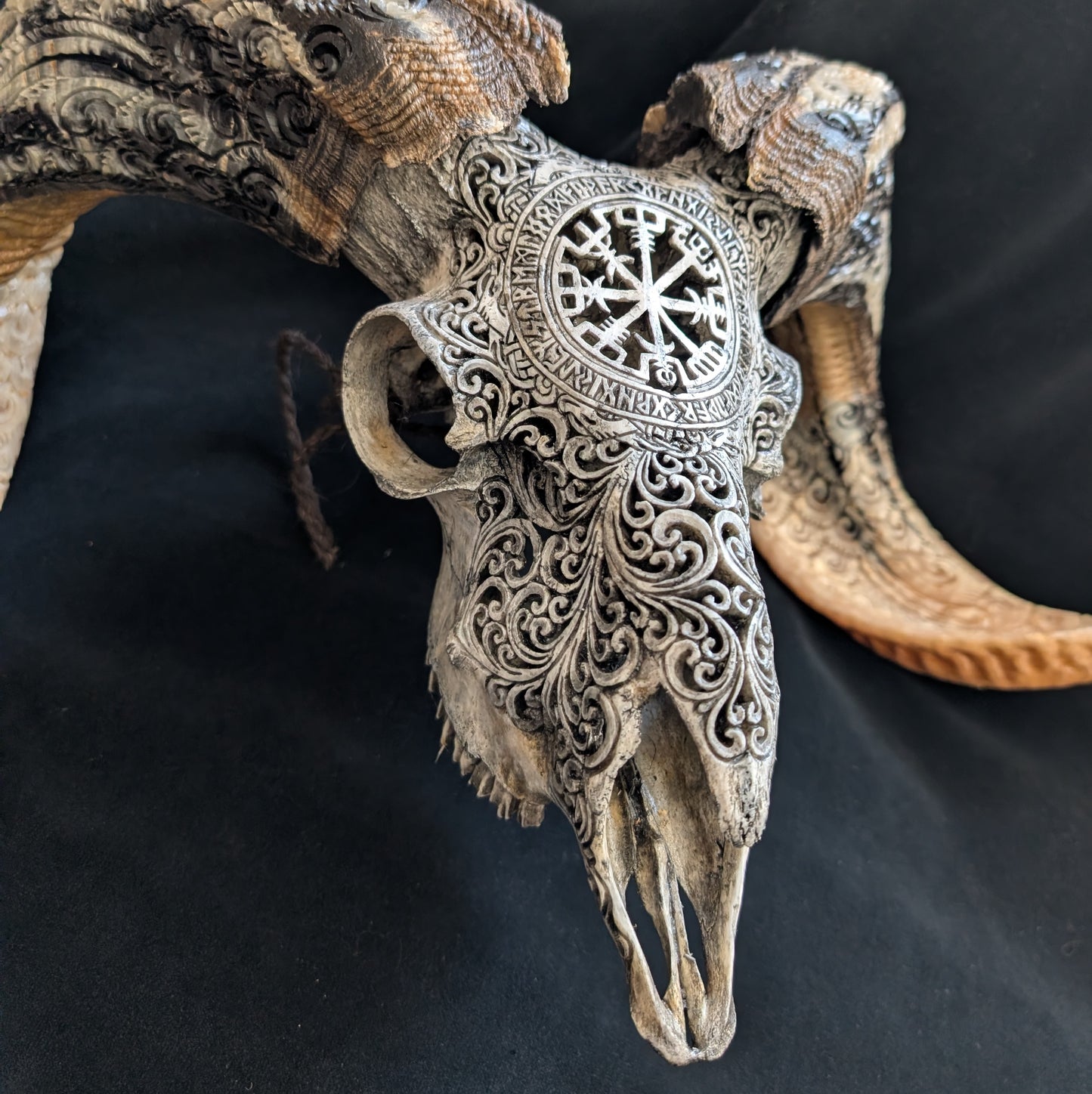 Hand-Carved Ram Skull w/ Viking Wayfinder Symbol