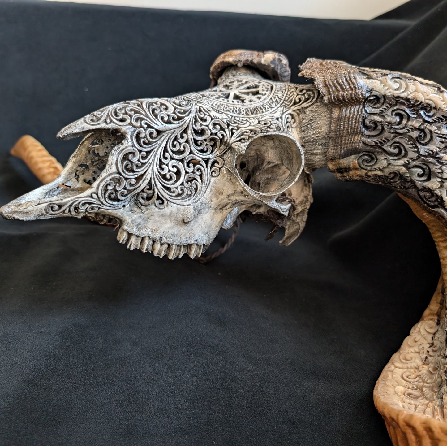 Hand-Carved Ram Skull w/ Viking Wayfinder Symbol