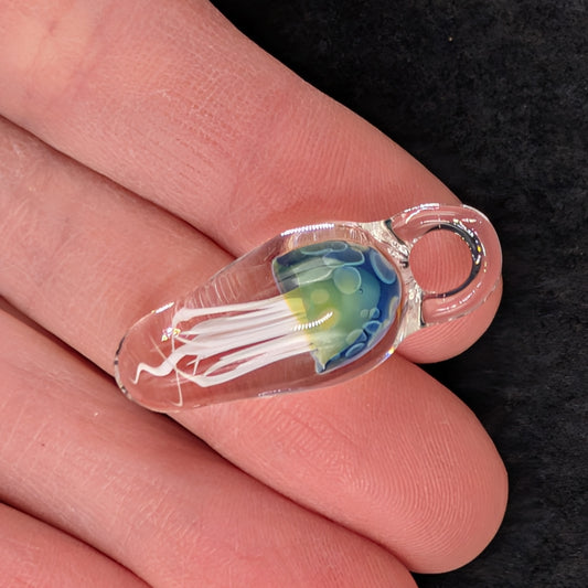 Hand-Blown Glass Jellyfish Pendant (Blue-Green, Medium)