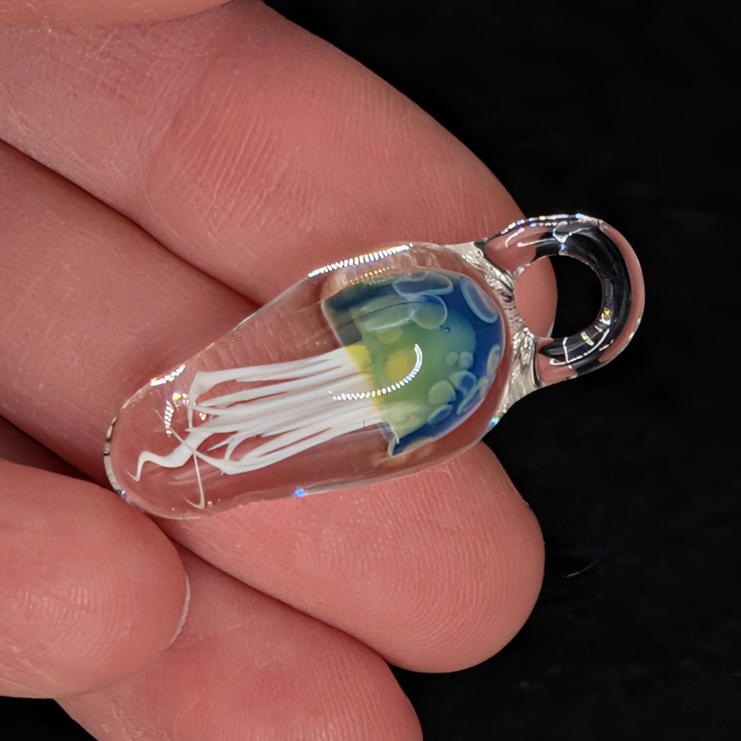 Hand-Blown Glass Jellyfish Pendant (Blue-Green, Medium)