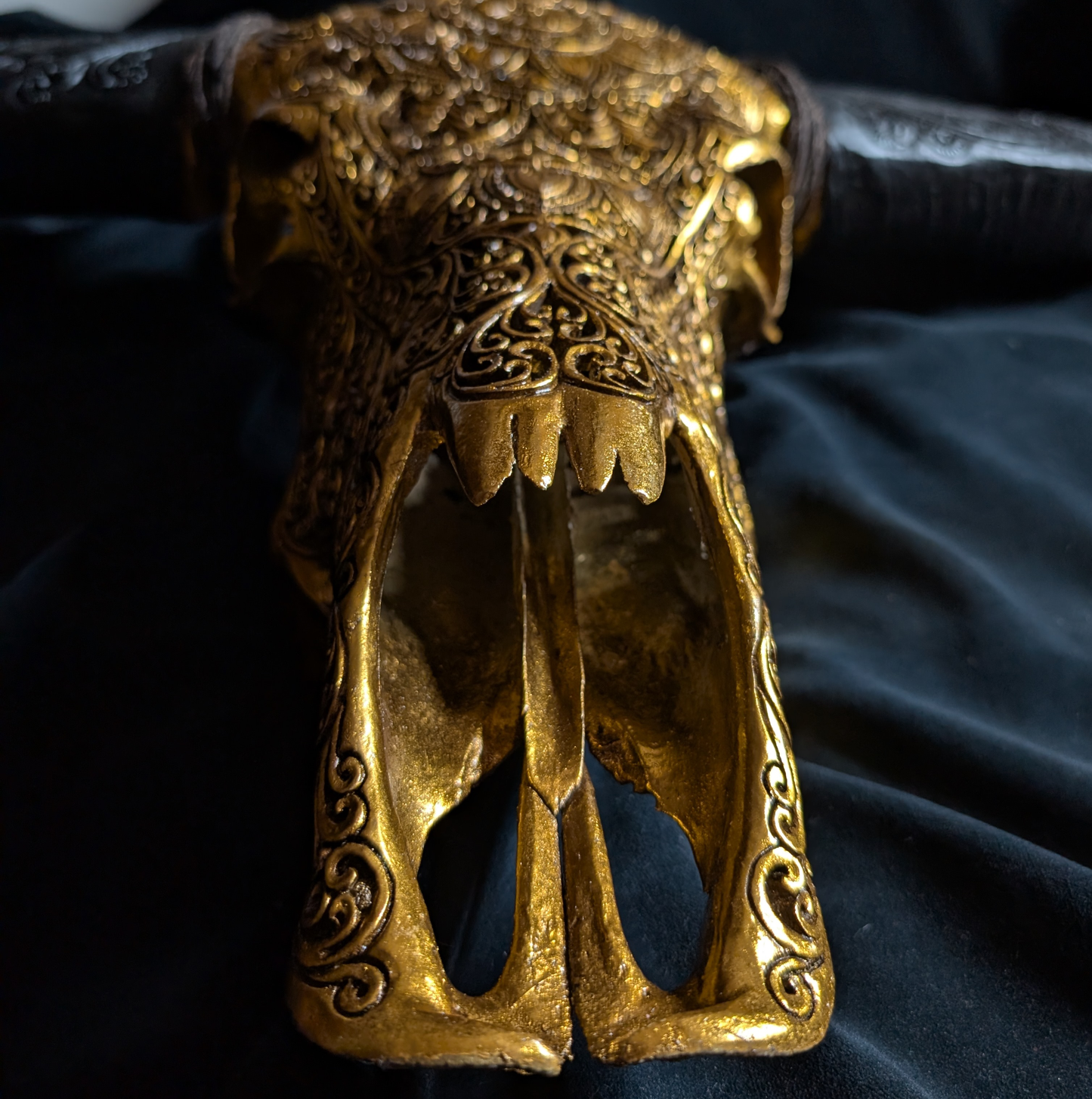 Hand-Carved Buffalo Skull in Gold
