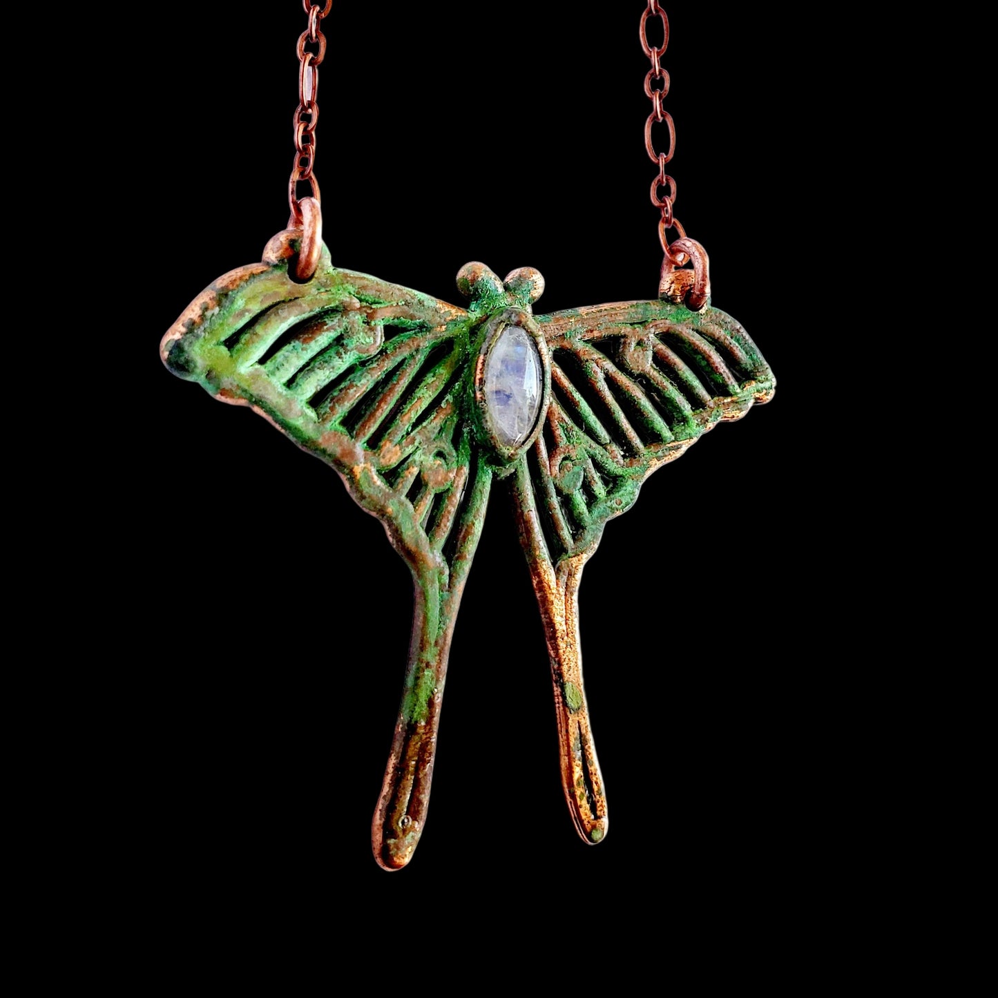 Rainbow Moonstone Luna Moth Necklace