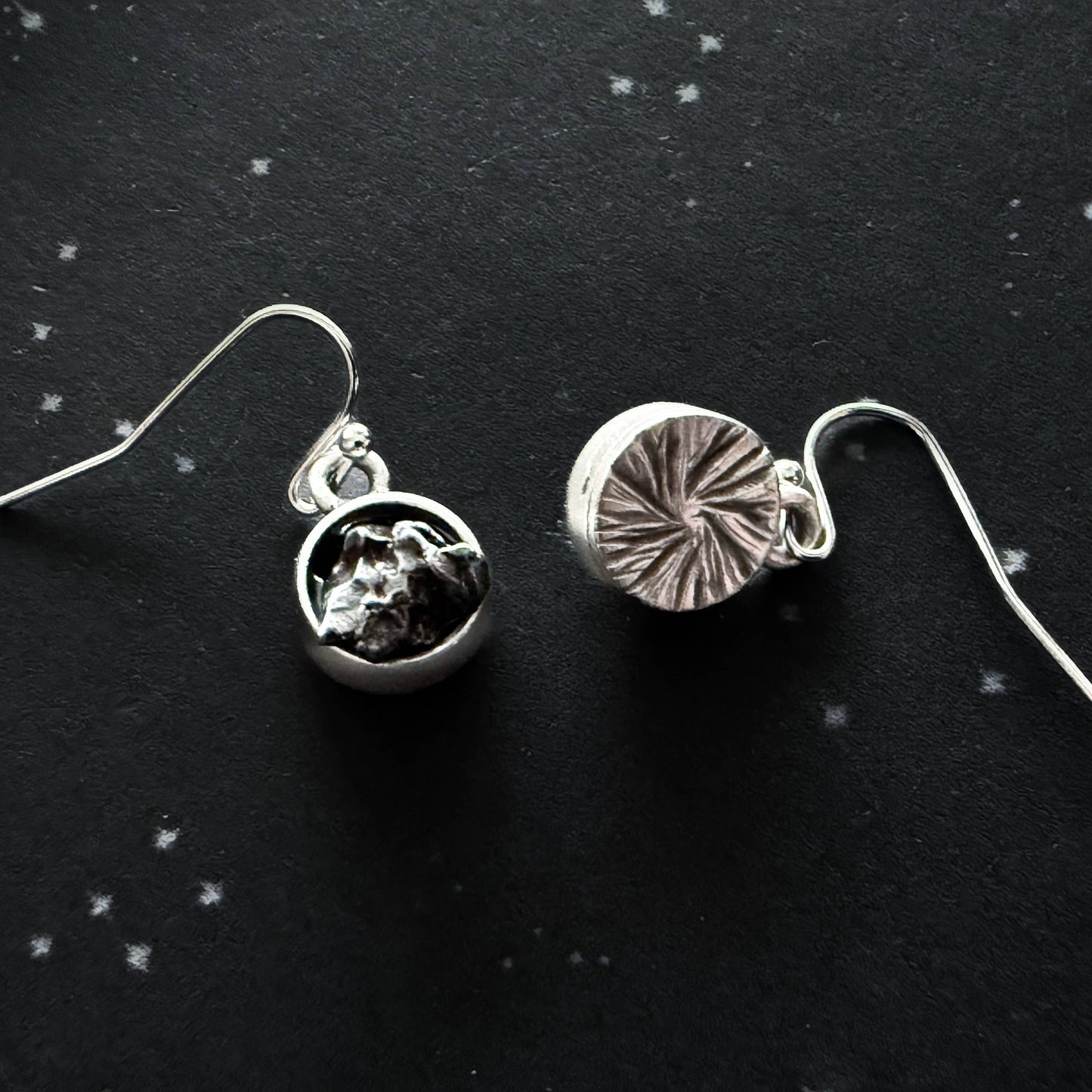 Small Round Raw Meteorite Dangle Earrings
