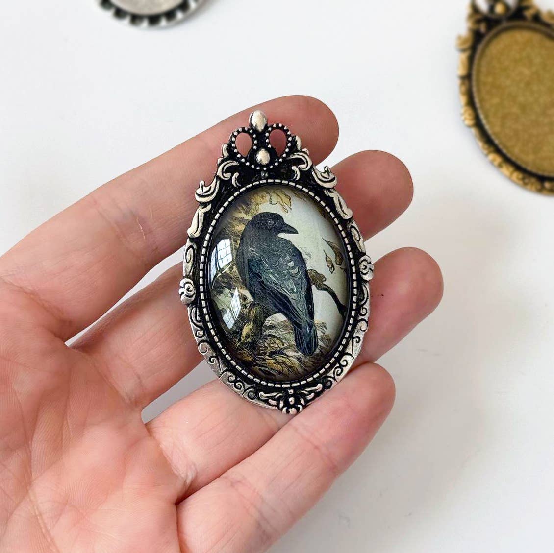 Antique Crow Cameo Art Brooch