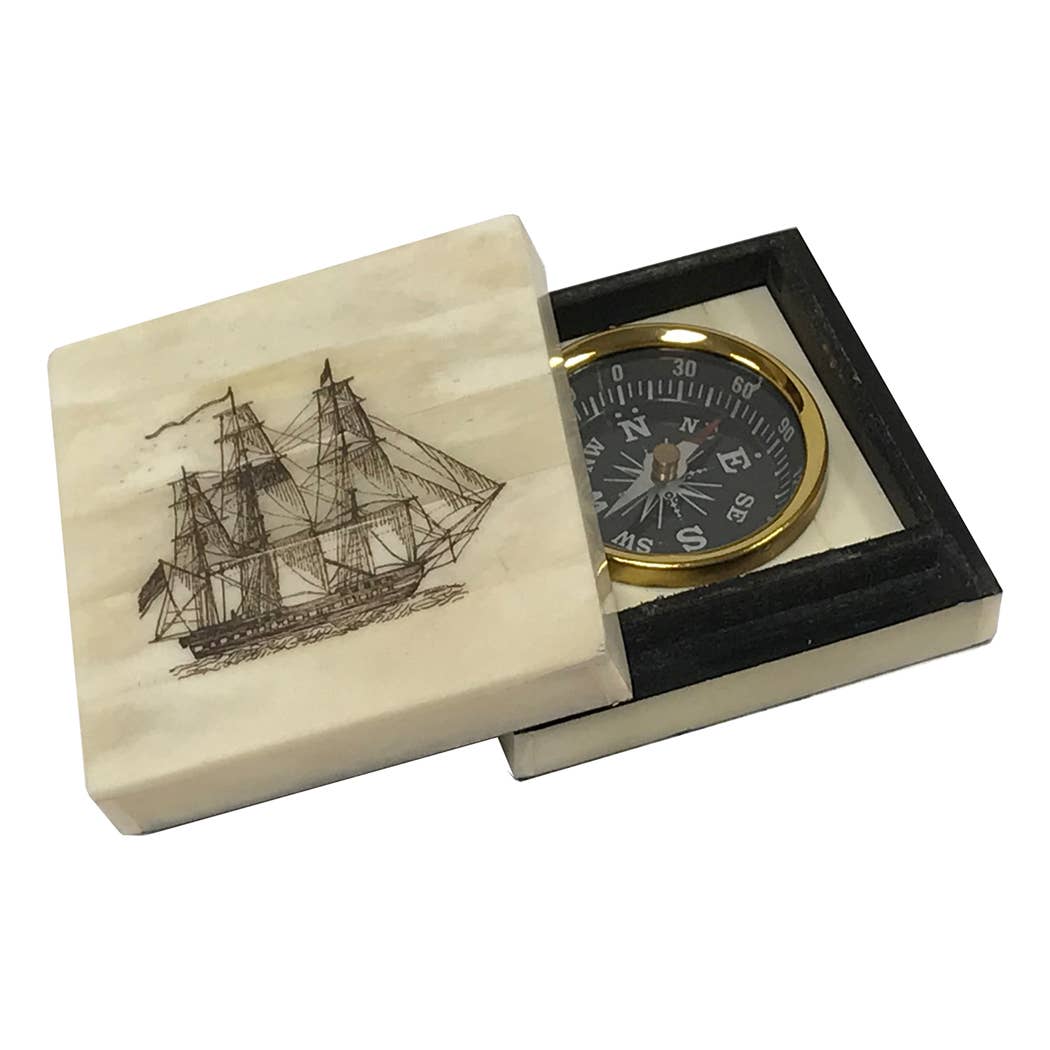 Frigate Engraved Scrimshaw Ox Bone Compass Box