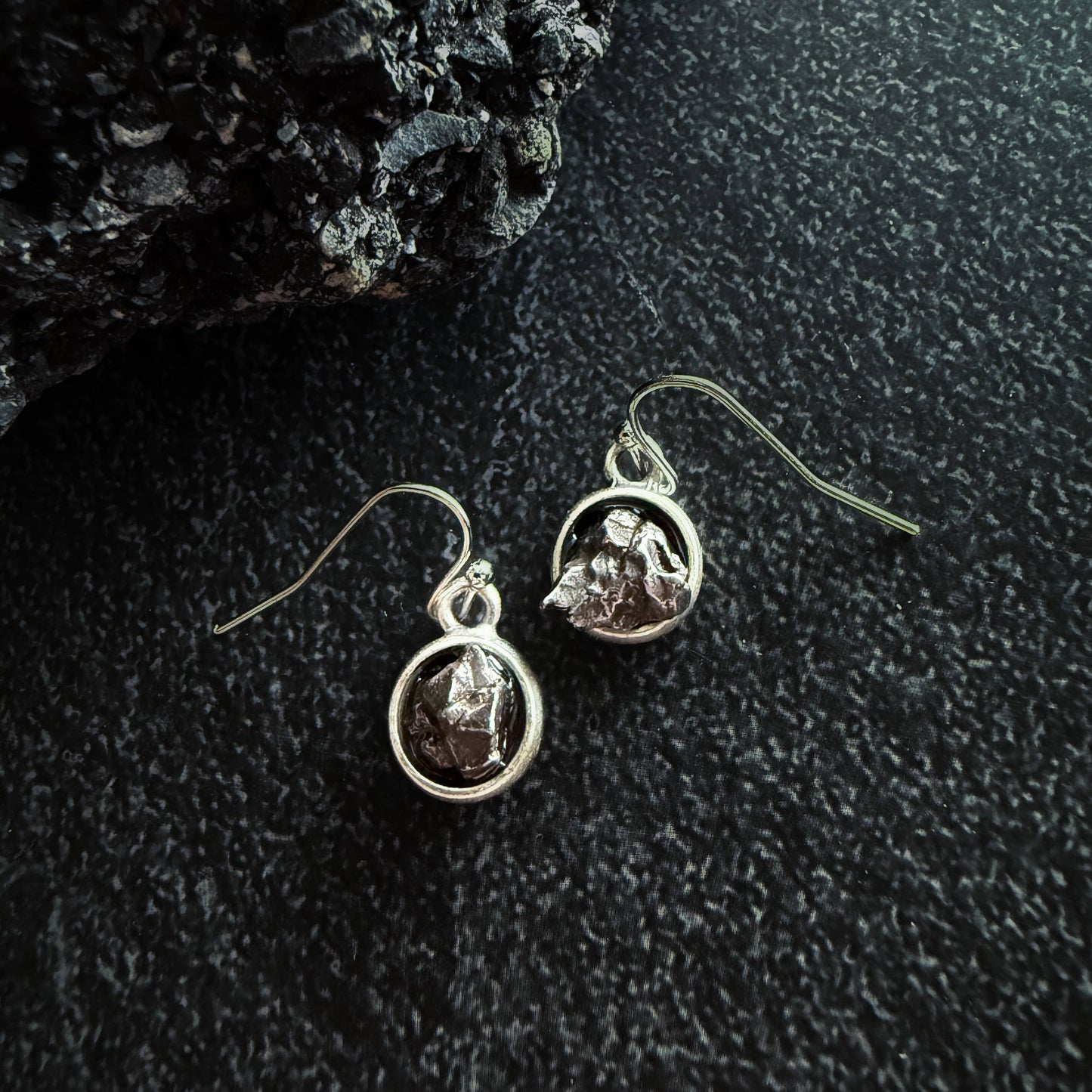 Small Round Raw Meteorite Dangle Earrings